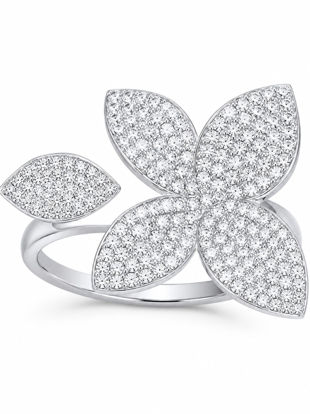 Silver CZ Pavé Flower Wrap Statement Cocktail Ring - Adjustable